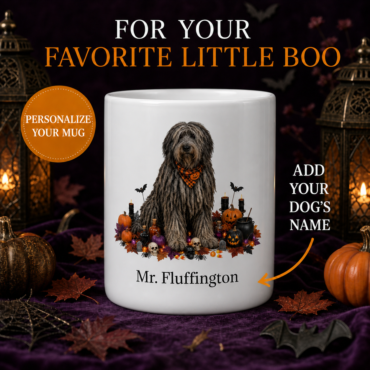 Personalized Bergamasco Halloween Mug – Custom Dog Name Gift seamless personalized Halloween dog mug hero