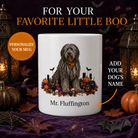 White Bergamasco dog Halloween mug with custom pet name and spooky fall artwork — image 1
