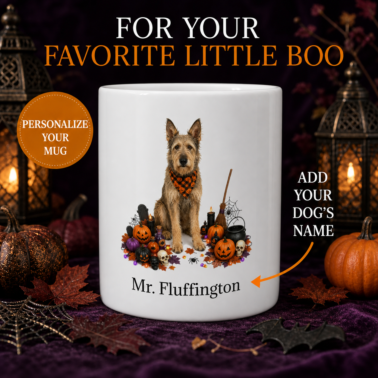 Personalized Berger Picard Halloween Mug – Custom Dog Name Gift seamless personalized Halloween dog mug hero