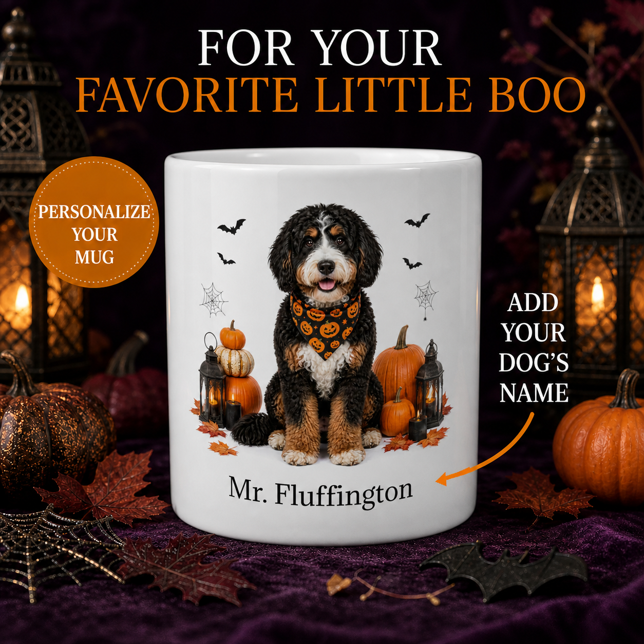 Personalized Bernedoodle Halloween Mug – Custom Dog Name Gift seamless personalized Halloween dog mug hero