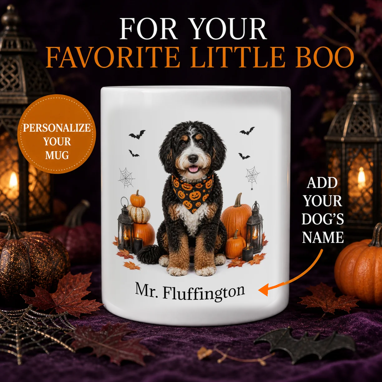Personalized Bernedoodle Halloween mug with custom dog name, pumpkins, and spooky fall design