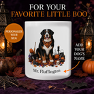 Personalized Bernese Mountain Dog Halloween mug with custom name and luxury pumpkin display
