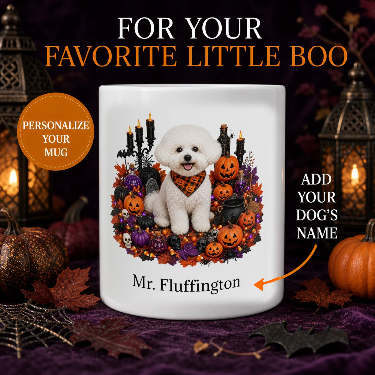 Personalized Bichon Frise Halloween mug with custom dog name, pumpkins, and spooky fall design