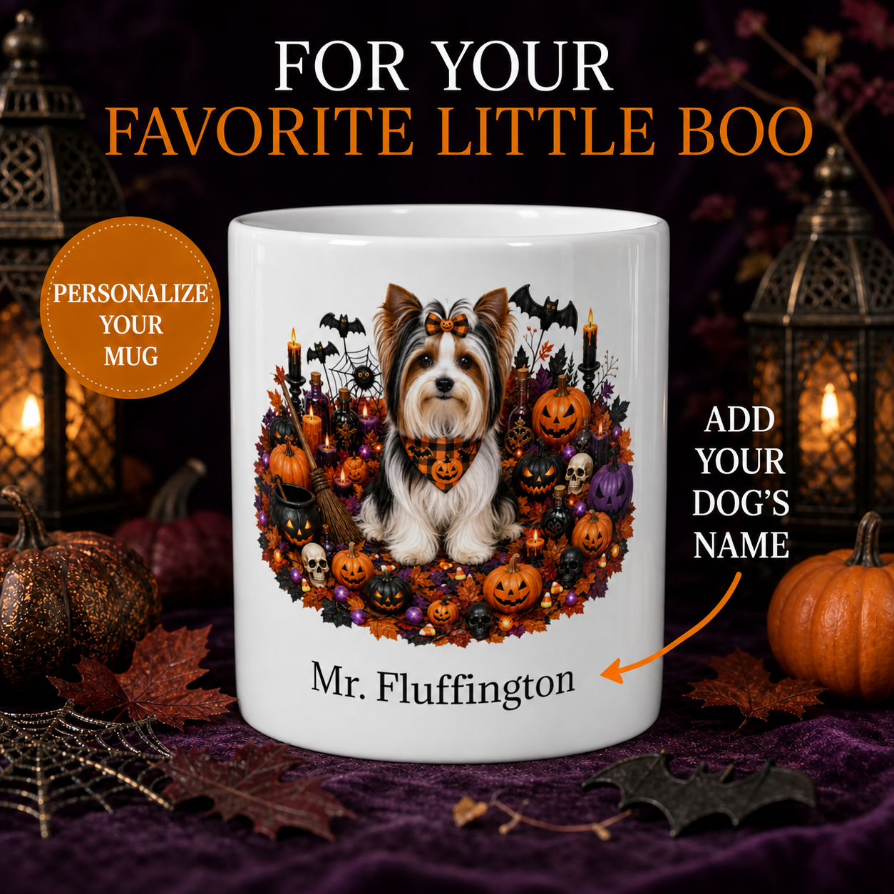 Personalized Biewer Terrier Halloween Mug – Custom Dog Name Gift – premium Halloween dog mug hero image