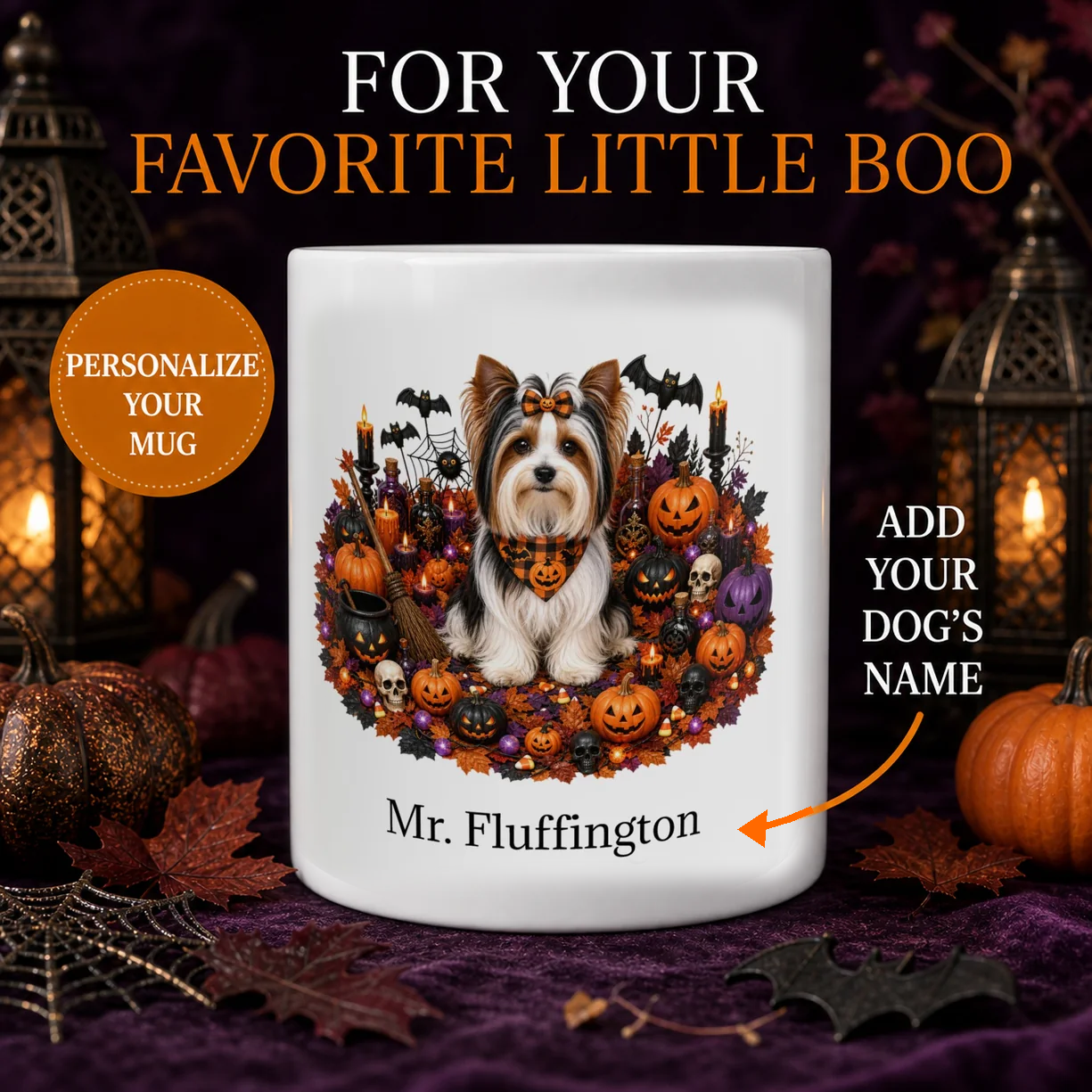 Personalized Biewer Terrier Halloween mug with custom dog name, pumpkins, and spooky fall design