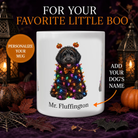 Personalized Black Poodle Halloween mug with custom dog name and colorful spooky lights