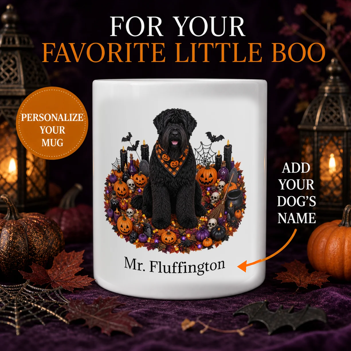 Personalized Black Russian Terrier Halloween mug with custom dog name and spooky fall design