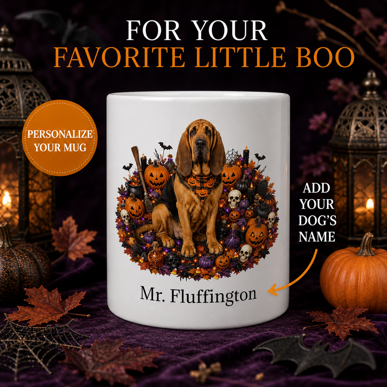White Bloodhound dog Halloween mug with custom pet name and spooky fall artwork — image 1