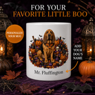 White Bloodhound dog Halloween mug with custom pet name and spooky fall artwork — image 1