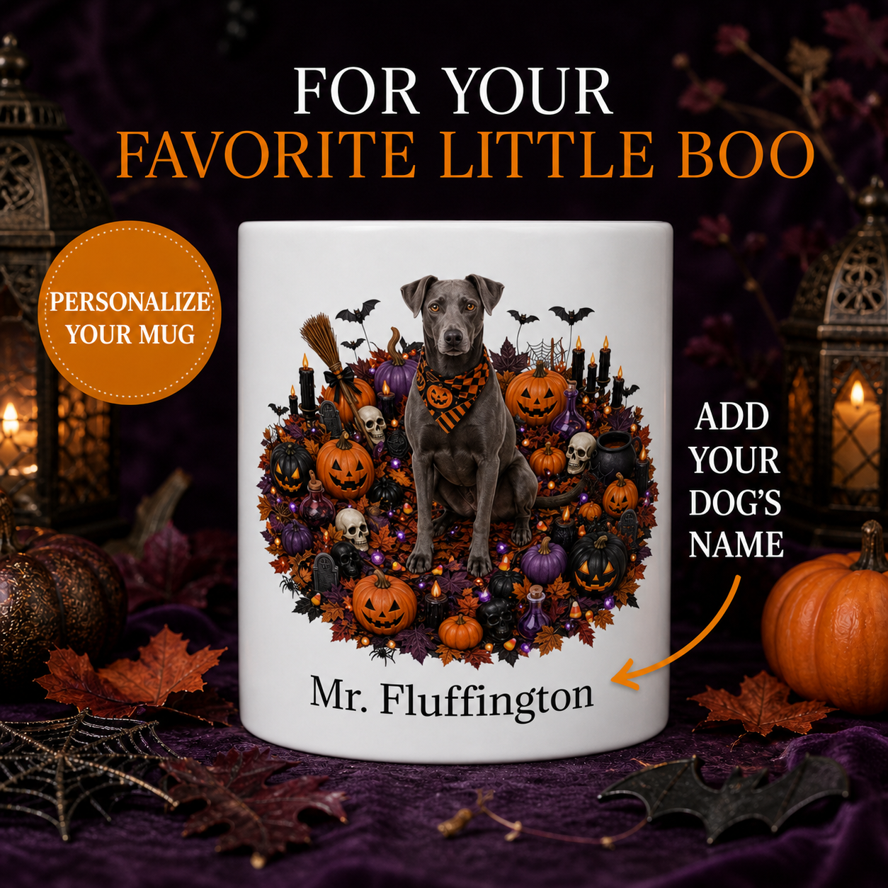 White Blue Lacy dog Halloween mug with custom pet name and spooky fall artwork — image 1