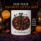 White Blue Lacy dog Halloween mug with custom pet name and spooky fall artwork — image 1