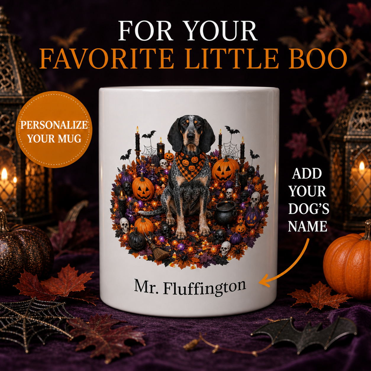 White Bluetick Coonhound dog Halloween mug with custom pet name and spooky fall artwork — image 1