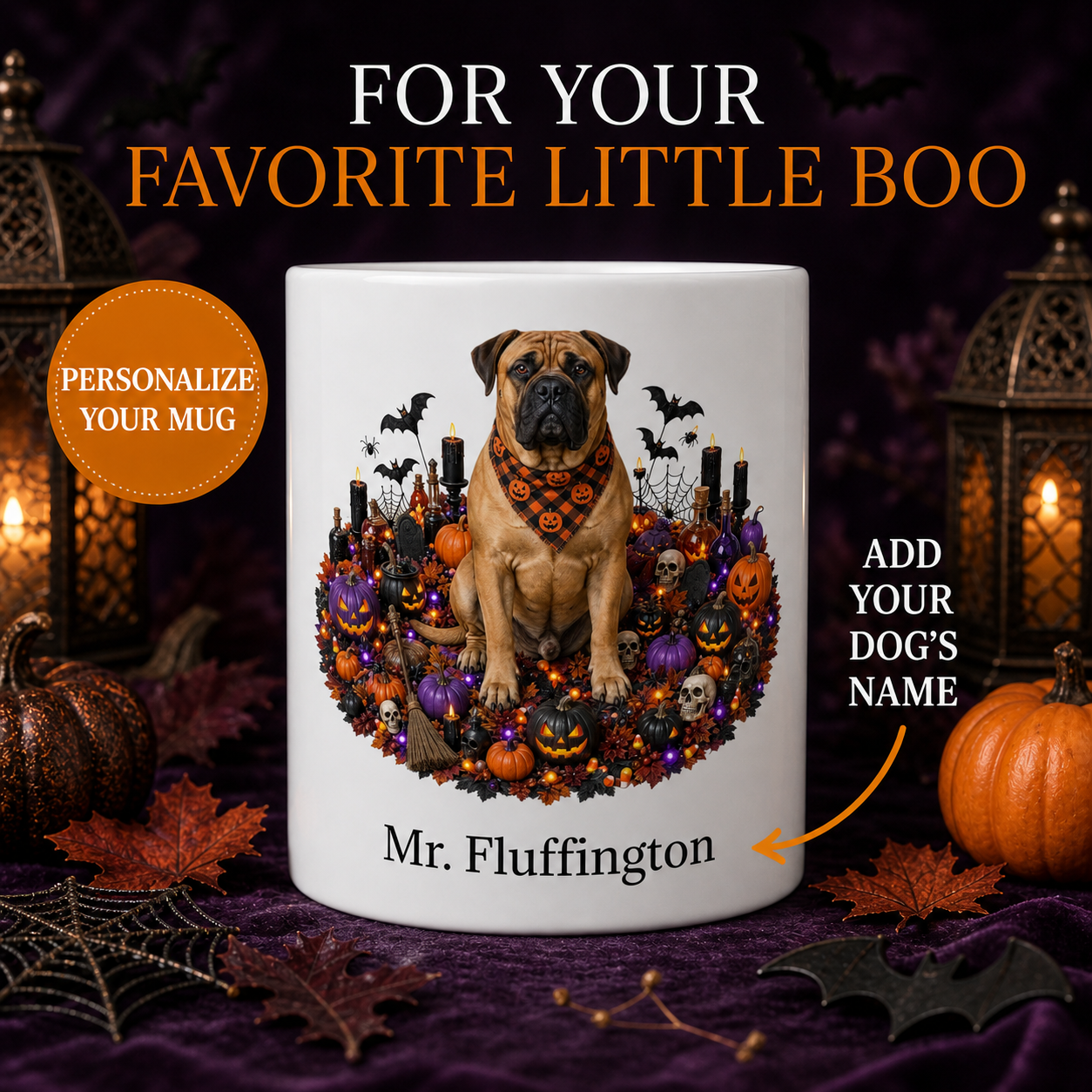 White Boerboel dog Halloween mug with custom pet name and spooky fall artwork — image 1