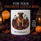 White Boerboel dog Halloween mug with custom pet name and spooky fall artwork — image 1