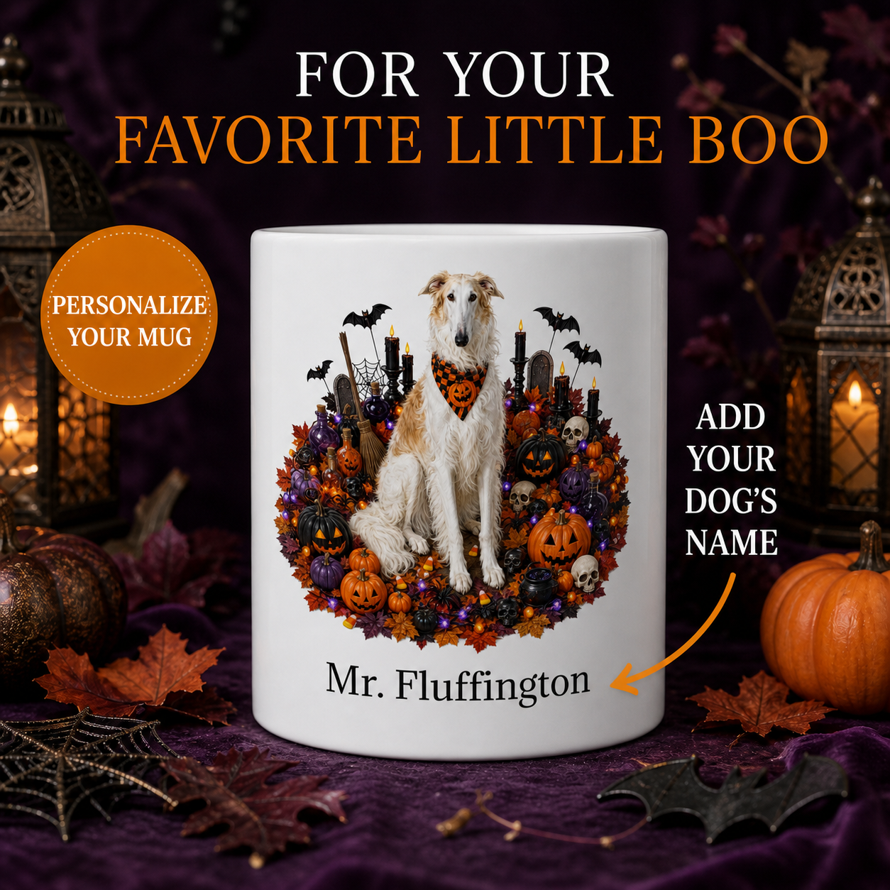 White Borzoi dog Halloween mug with custom pet name and spooky fall artwork — image 1