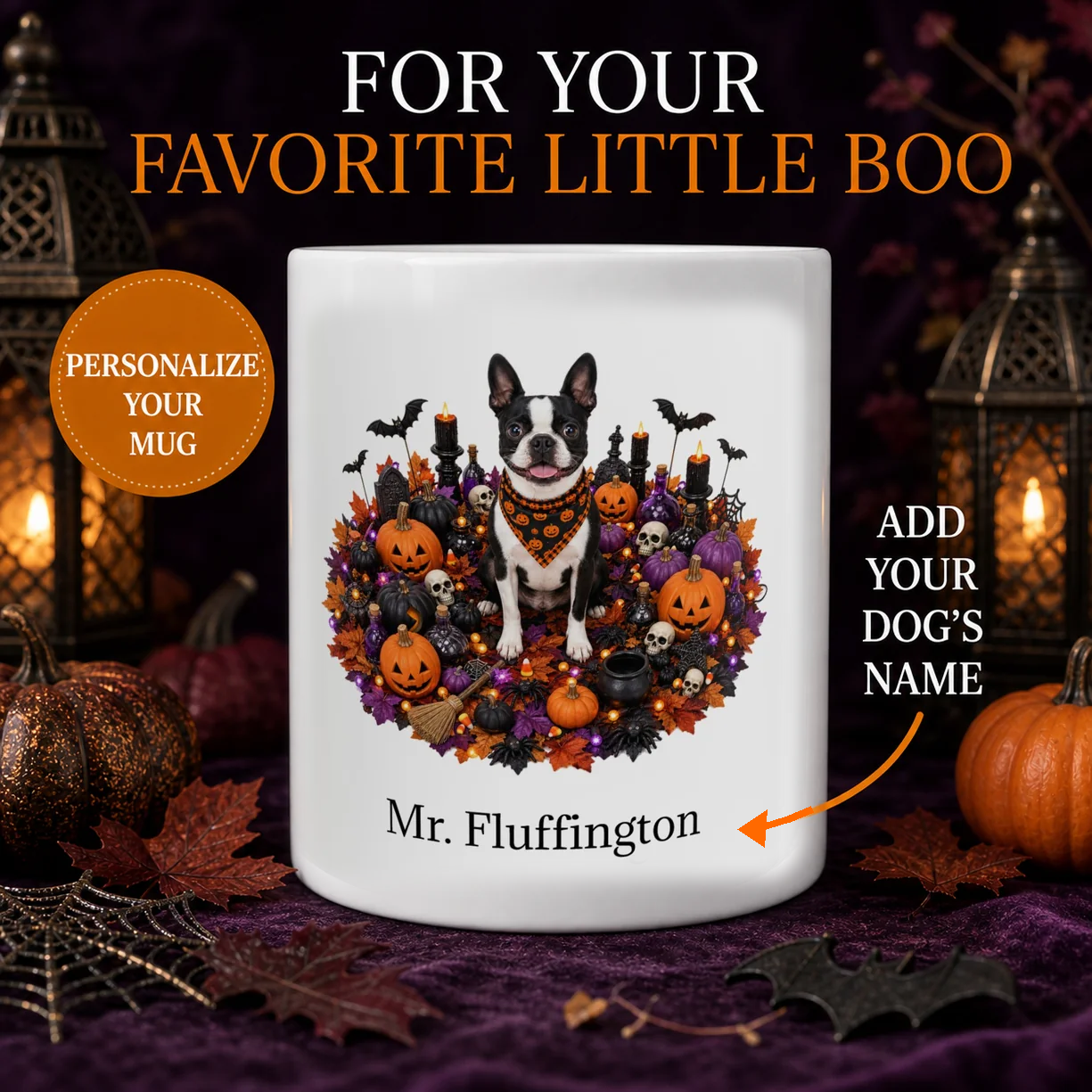 Personalized Boston Terrier Halloween mug with custom dog name and spooky fall design