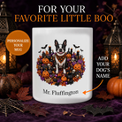 Personalized Boston Terrier Halloween mug with custom dog name and spooky fall design