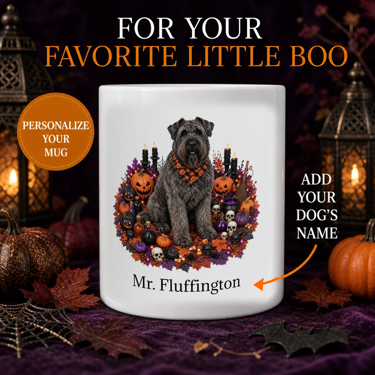Personalized Bouvier des Flandres Halloween mug with custom dog name and spooky fall design