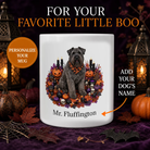Personalized Bouvier des Flandres Halloween mug with custom dog name and spooky fall design