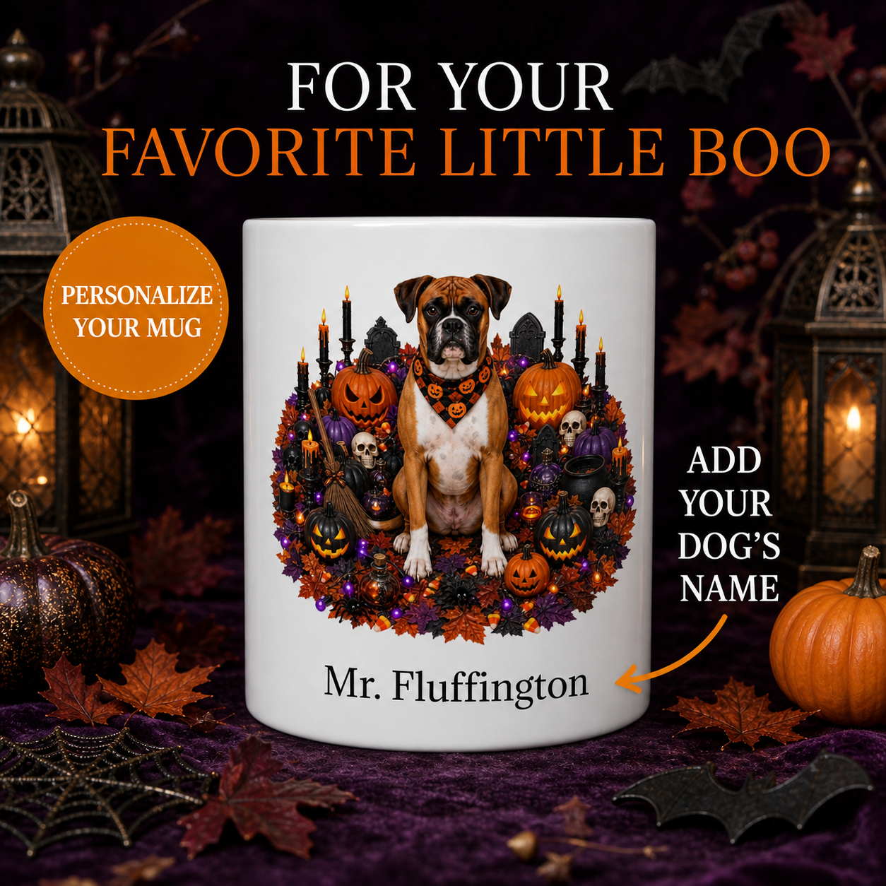 White Boxer dog Halloween mug with custom pet name and spooky fall artwork — image 1