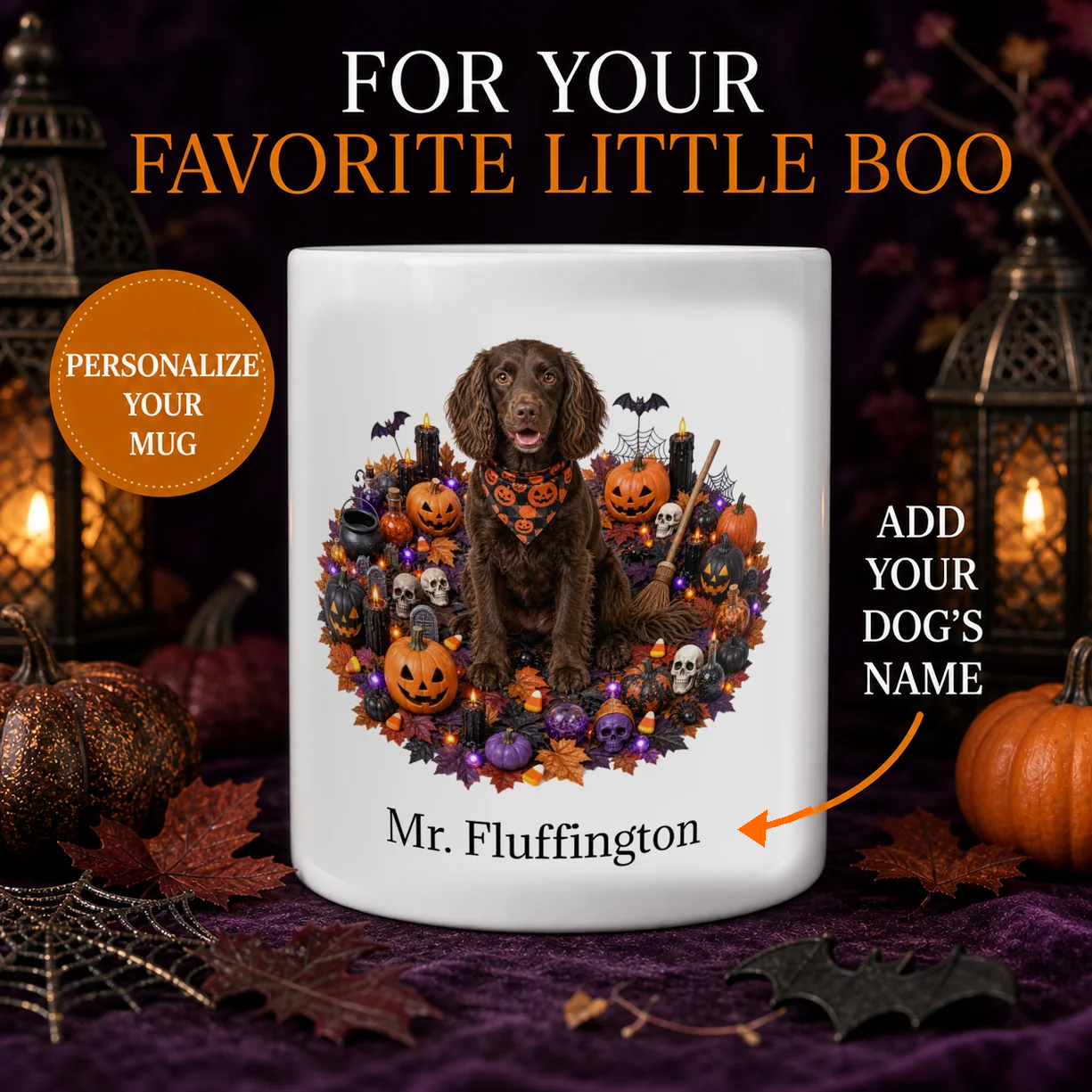 Personalized Boykin Spaniel Halloween mug with custom dog name and spooky fall design