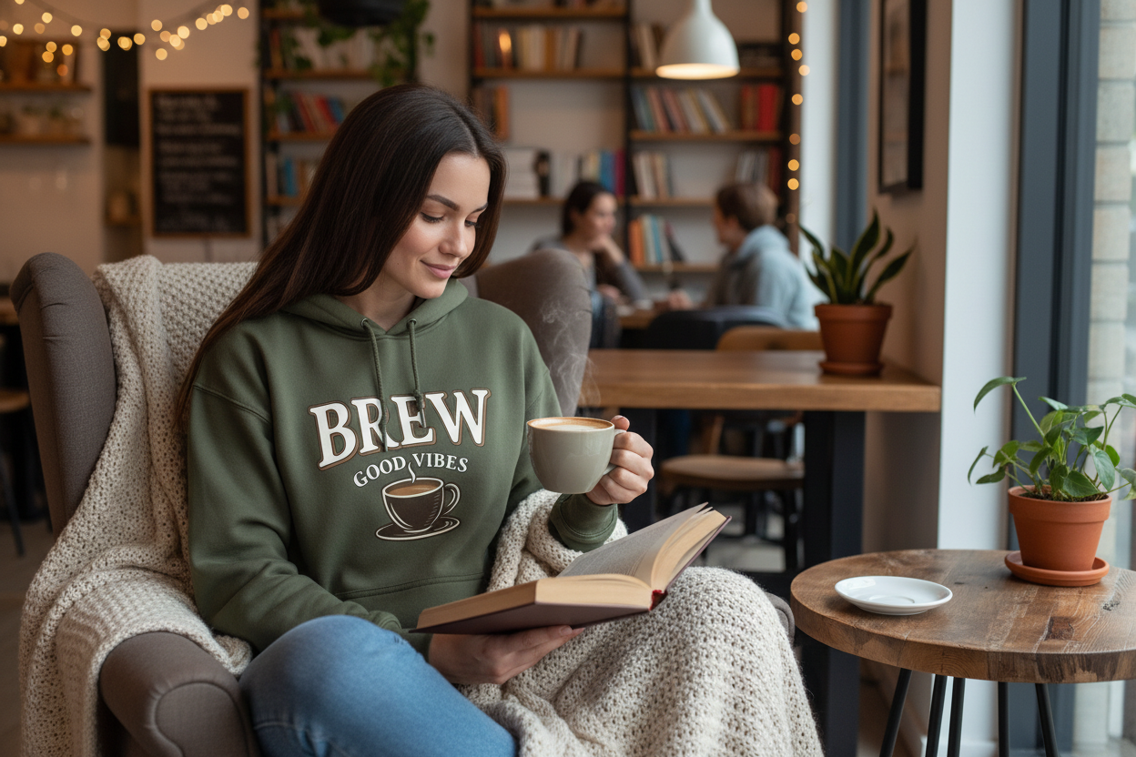A woman wears an olive green hoodie featuring a Brew Good Vibes coffee graphic.