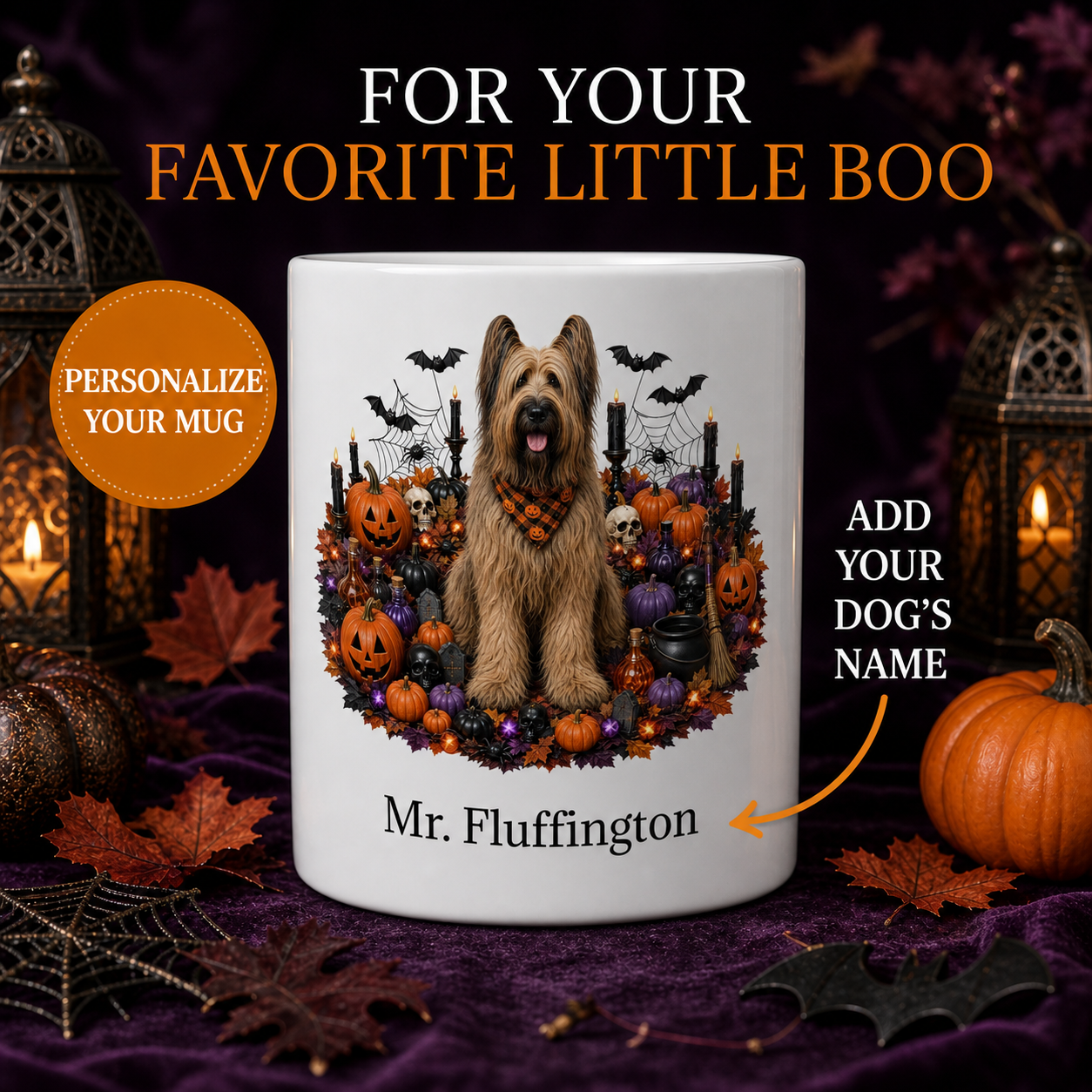 White Briard dog Halloween mug with custom pet name and spooky fall artwork — image 1