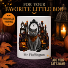 Personalized British Shorthair cat Halloween mug front view with custom name and no visible handle