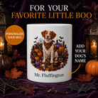 White Brittany dog Halloween mug with custom pet name and spooky fall artwork — image 1
