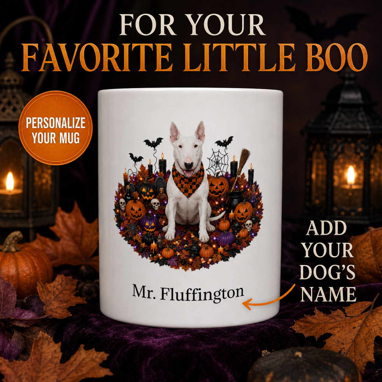 White Bull Terrier dog Halloween mug with custom pet name and spooky fall artwork — image 1