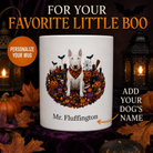 White Bull Terrier dog Halloween mug with custom pet name and spooky fall artwork — image 1