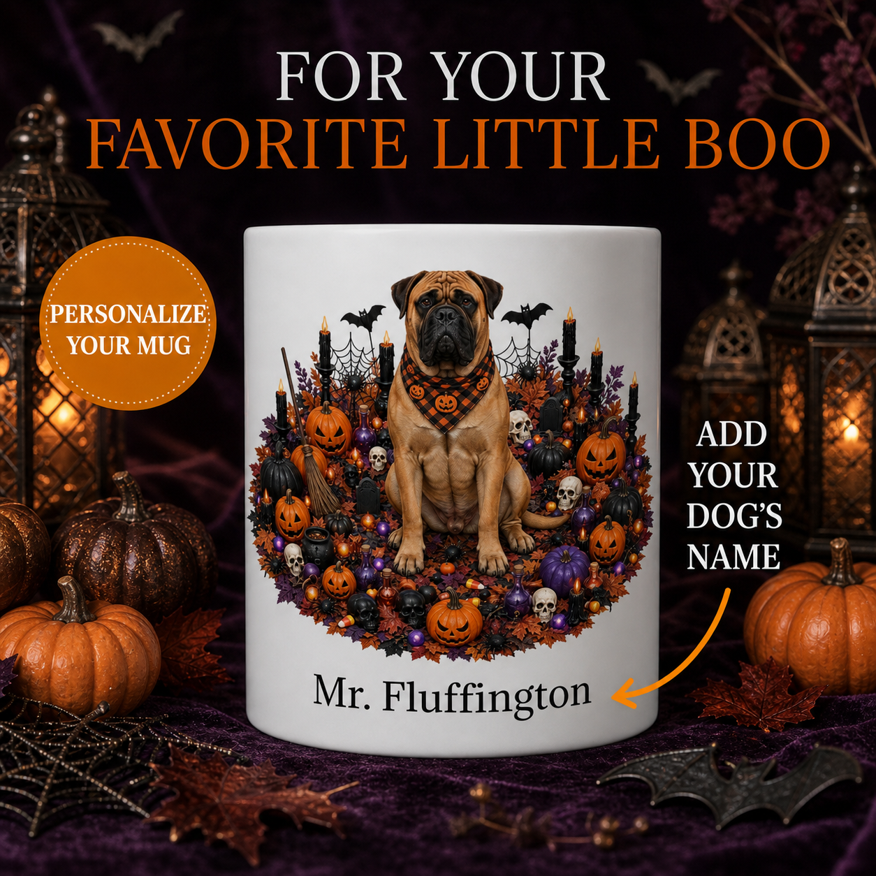 White Bullmastiff dog Halloween mug with custom pet name and spooky fall artwork — image 1