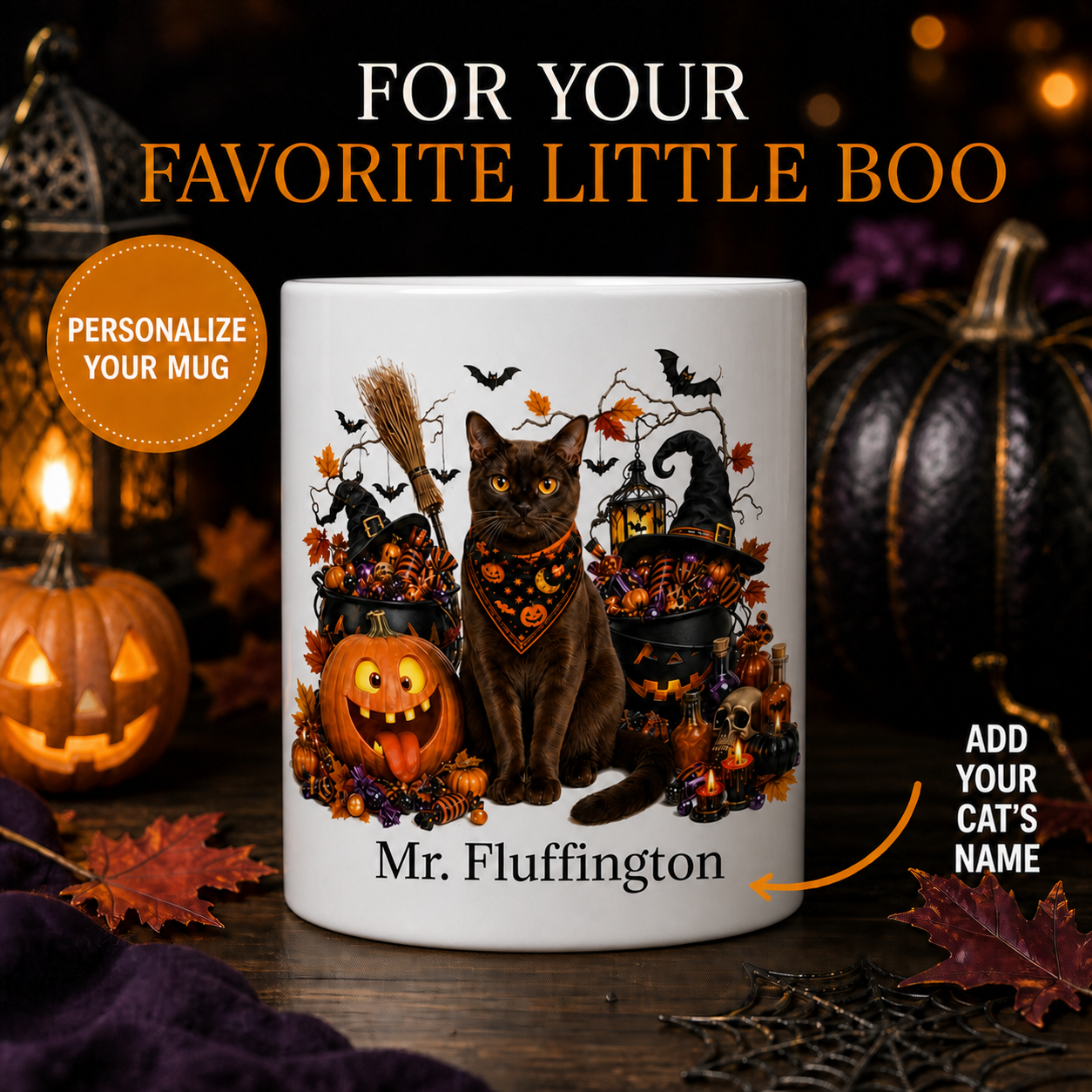 Personalized Burmese cat Halloween mug front view with custom name and no visible handle