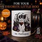 Personalized Burmilla cat Halloween mug front view with custom name and no visible handle