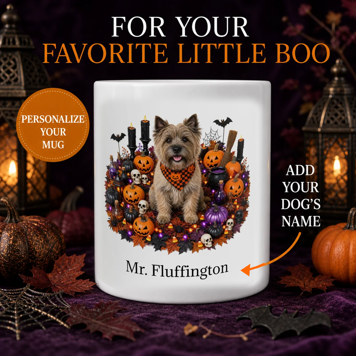 Personalized Cairn Terrier Halloween dog mug hero image