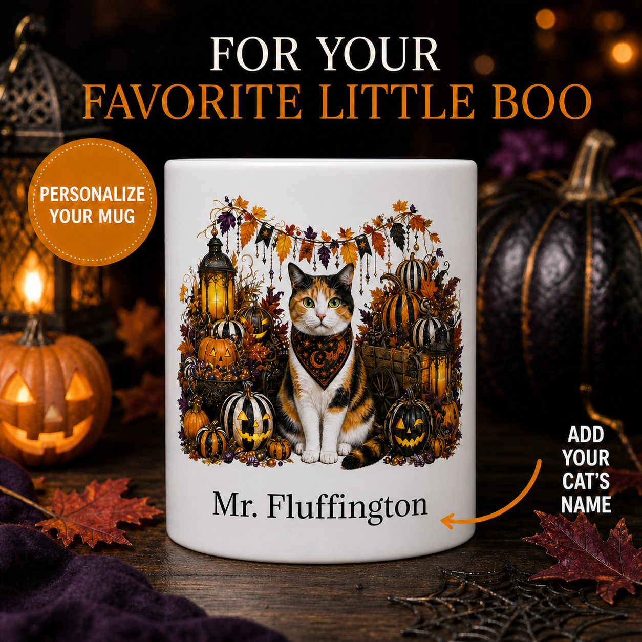 Personalized Calico cat Halloween mug front view with custom name and no visible handle