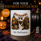 Personalized Calico cat Halloween mug front view with custom name and no visible handle
