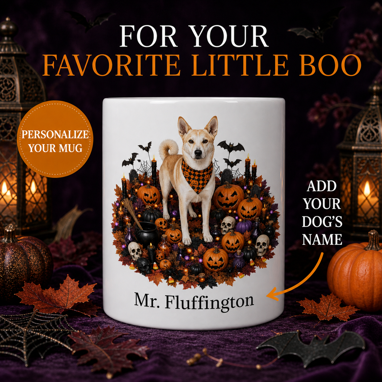 White Canaan dog Halloween mug with custom pet name and spooky fall artwork — image 1