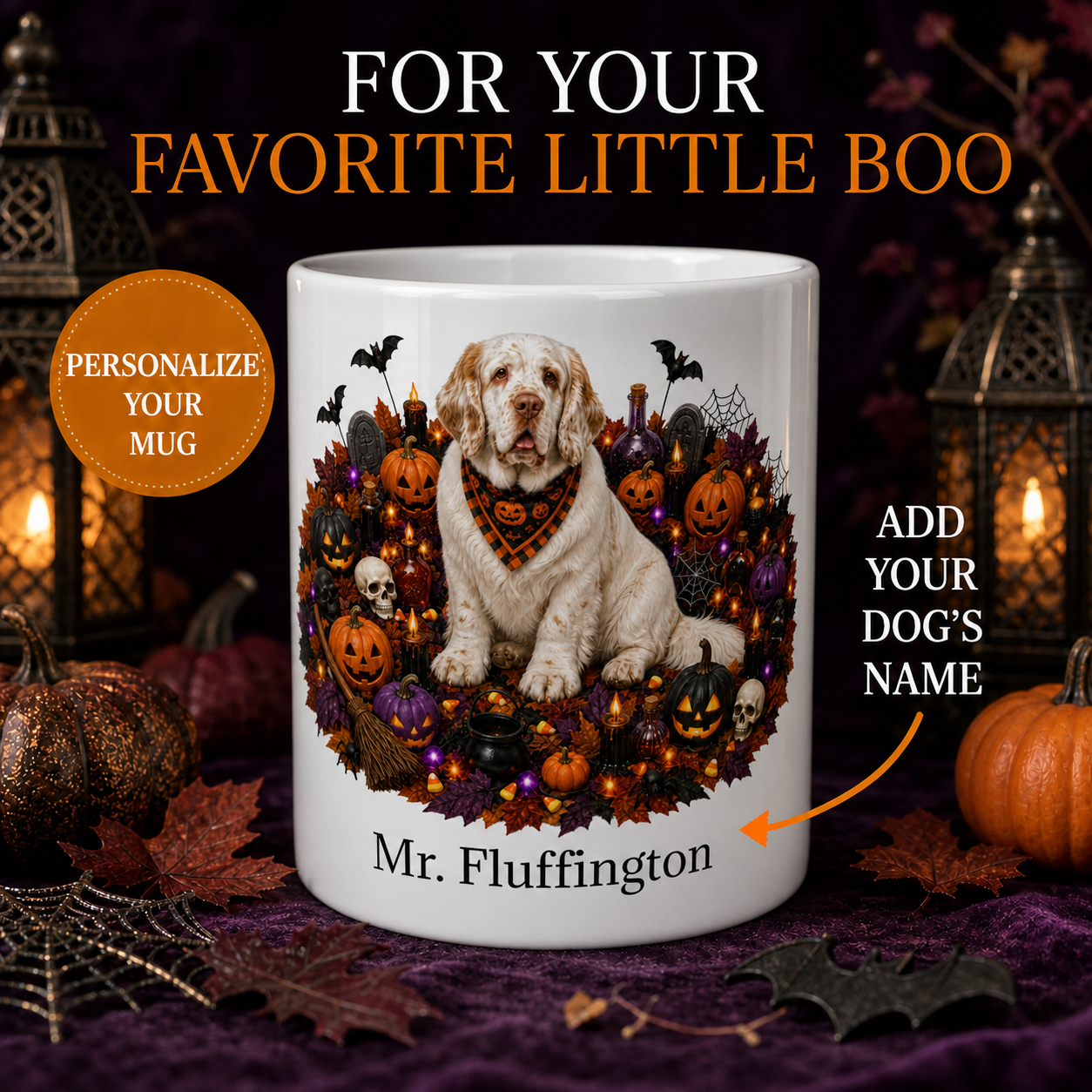 Personalized Clumber Spaniel Halloween Mug – Custom Dog Name Gift – premium Halloween dog mug hero image