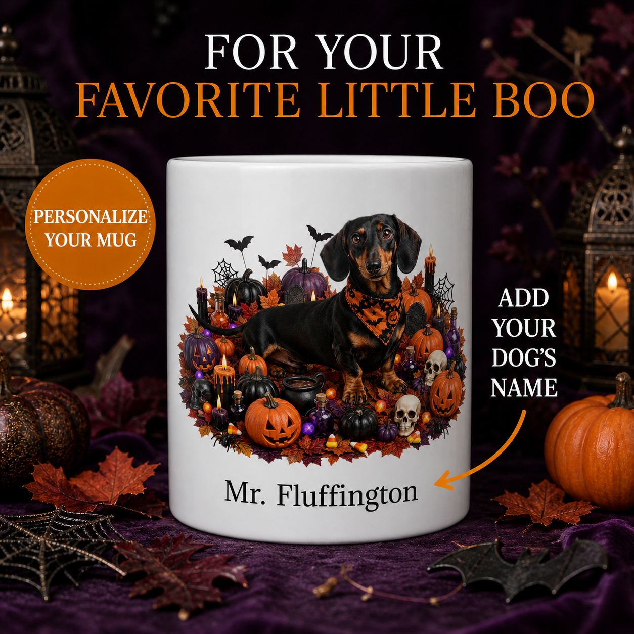 White Dachshund dog Halloween mug with custom pet name and spooky fall artwork — image 1