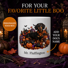 White Dachshund dog Halloween mug with custom pet name and spooky fall artwork — image 1
