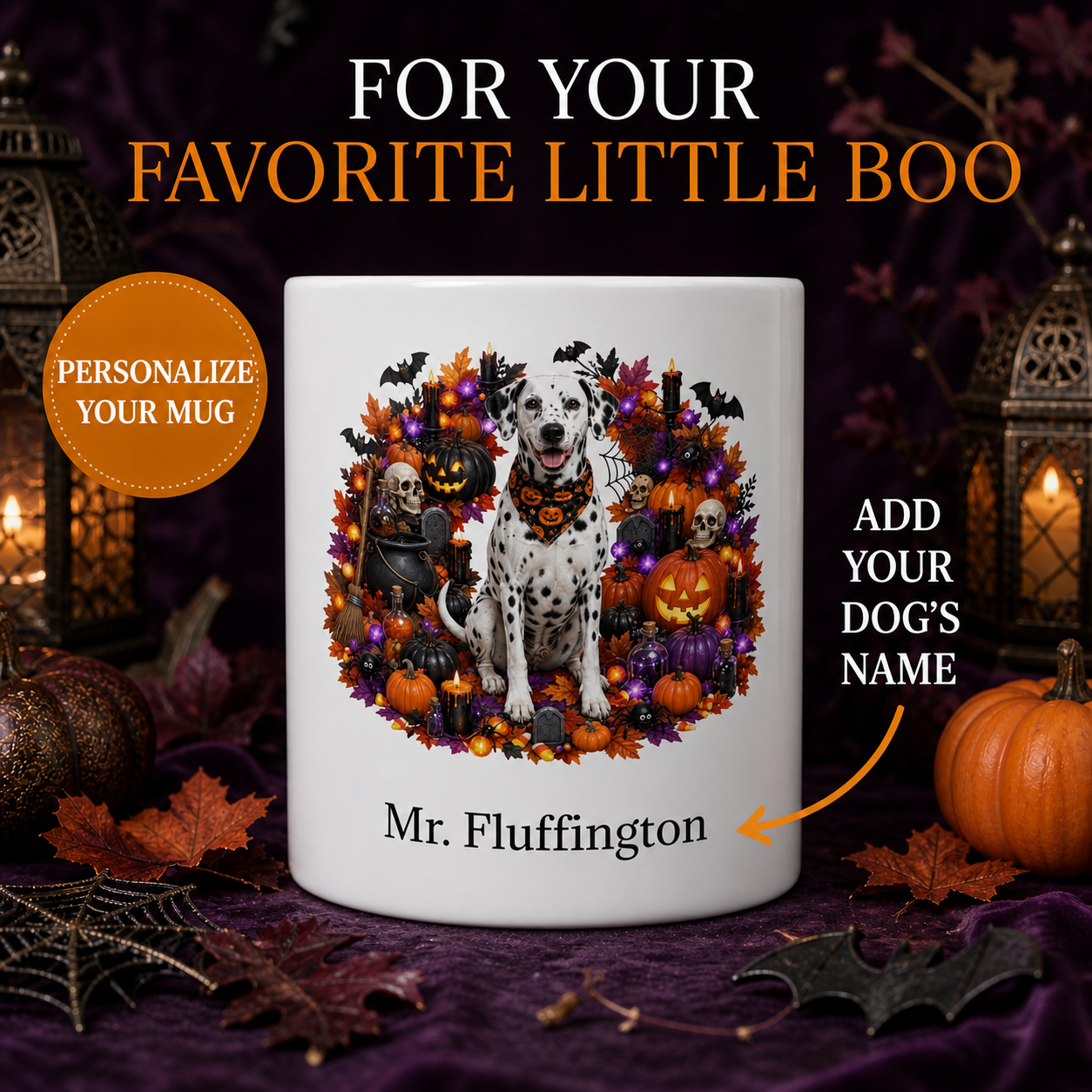 White Dalmatian dog Halloween mug with custom pet name and spooky fall artwork — image 1