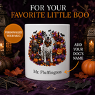 White Dalmatian dog Halloween mug with custom pet name and spooky fall artwork — image 1