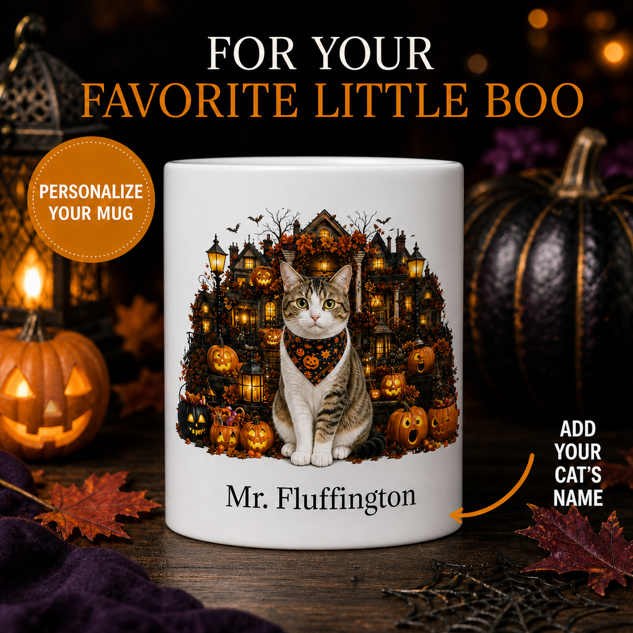 Personalized Domestic Shorthair cat Halloween mug front view with custom name and no visible handle