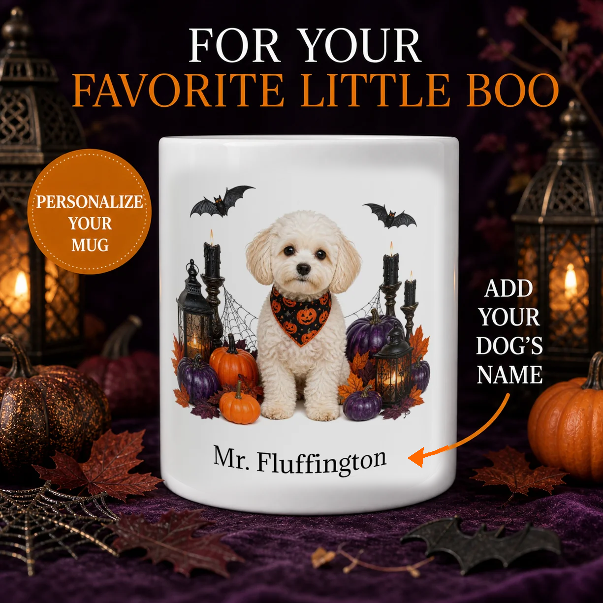 A white ceramic mug with a custom Halloween dog illustration, shown in a dark purple themed setting with pumpkins, candles, and spiderwebs. The mug features a fluffy white dog wearing an orange bandana, surrounded by pumpkins, lanterns, and bats, with the text 'Mr.