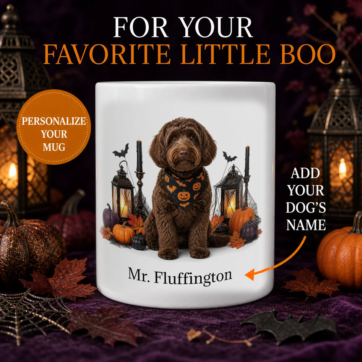 Personalized Mini Labradoodle Halloween mug with custom dog name, pumpkins, and lanterns