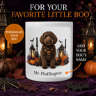 Personalized Mini Labradoodle Halloween mug with custom dog name, pumpkins, and lanterns