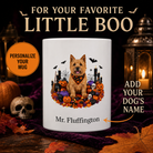 White Norwich Terrier dog Halloween mug with custom pet name and spooky fall artwork — image 1