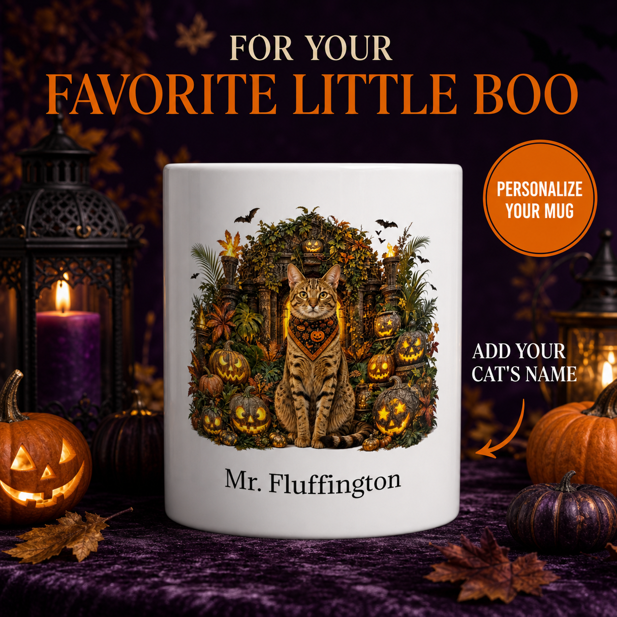 White Ocicat cat Halloween mug with custom pet name and spooky fall artwork — image 1