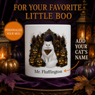 White Persian cat Halloween mug with custom pet name and spooky fall artwork — image 1